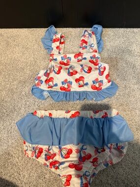 Kids Blue & Red Cherry Ruffle Tankini Swimsuit